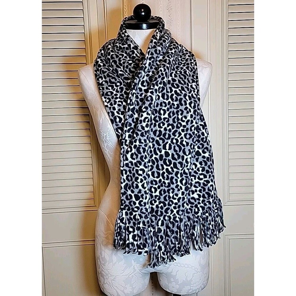 Very Soft Animal Print Fleece Scarf 2 Sided 9" x 59" Fringe Black Gray White